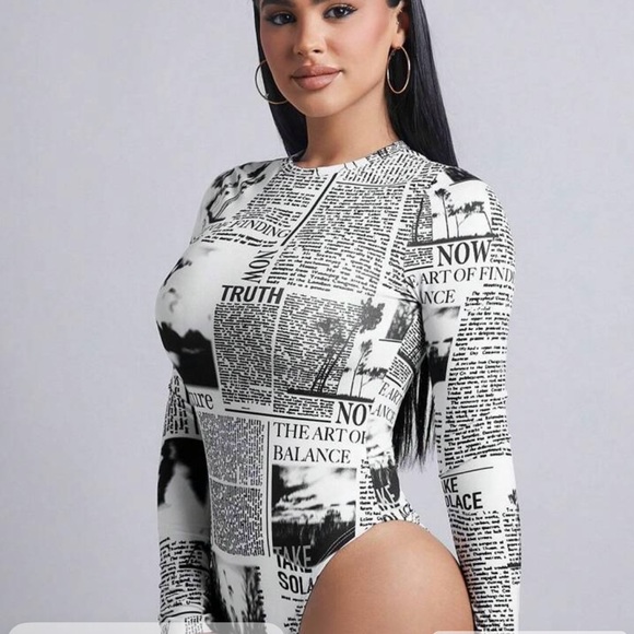 Newspaper Print Long Sleeve Bodysuit - Picture 2 of 3
